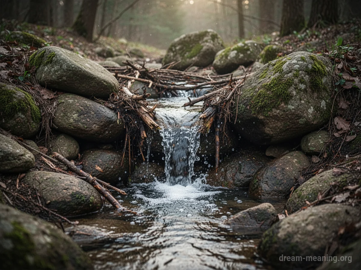 A spring of water is blocked by a pile of rocks.