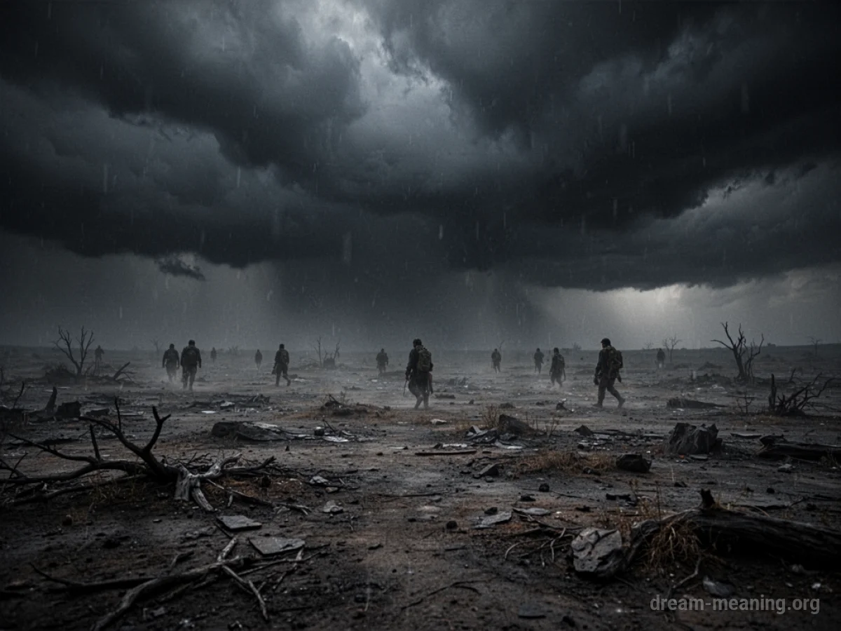 A dark, stormy sky over a barren landscape with shadowy figures in the distance.