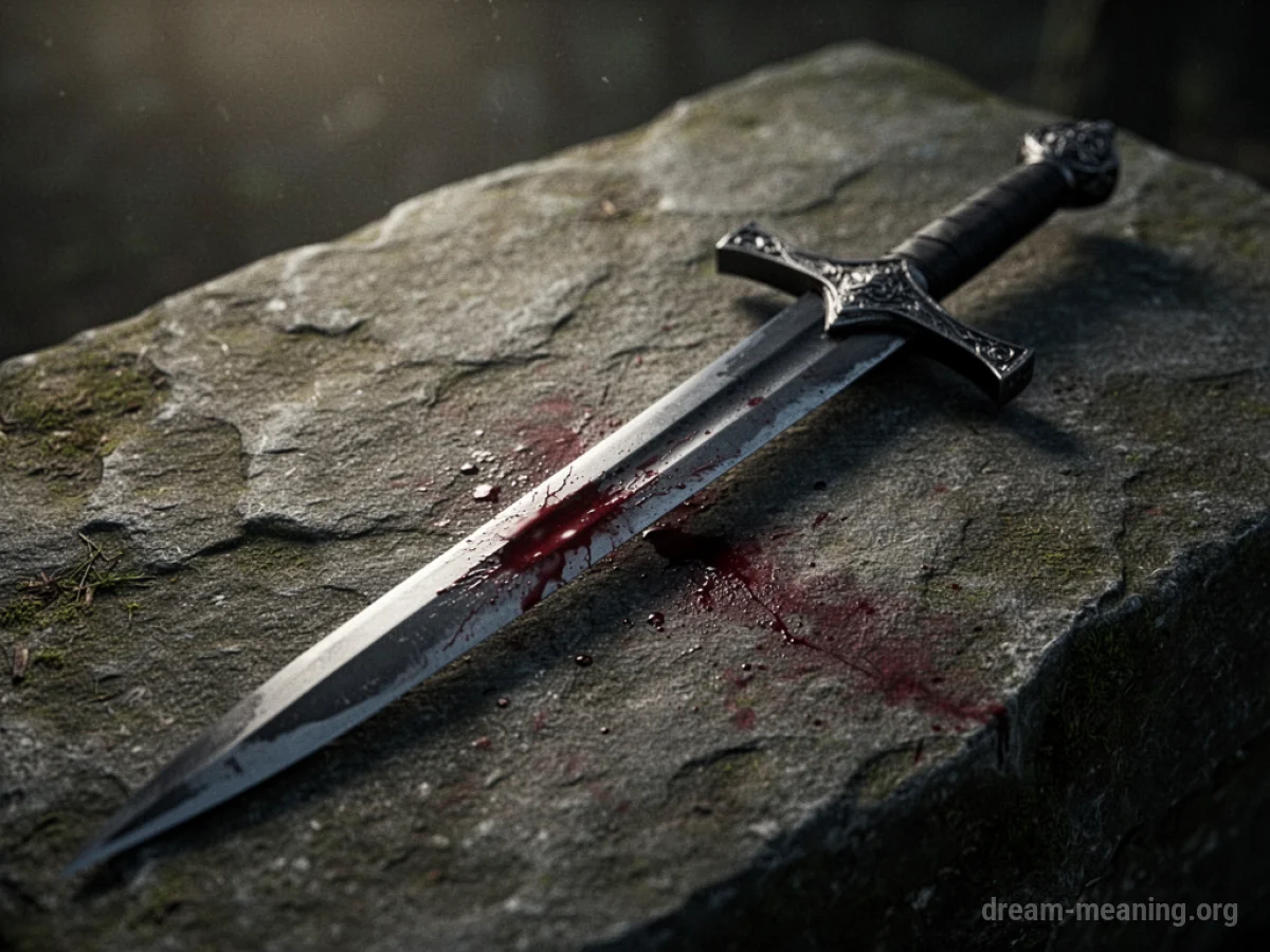 A sword with dark stains on its blade, resting on stone.
