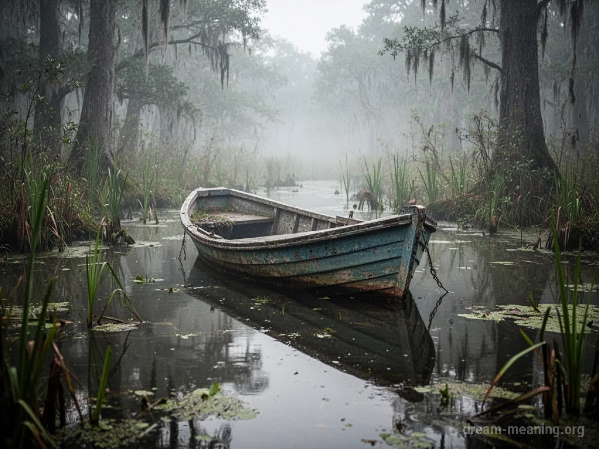 A boat adrift in a swampy area with reeds and trees.