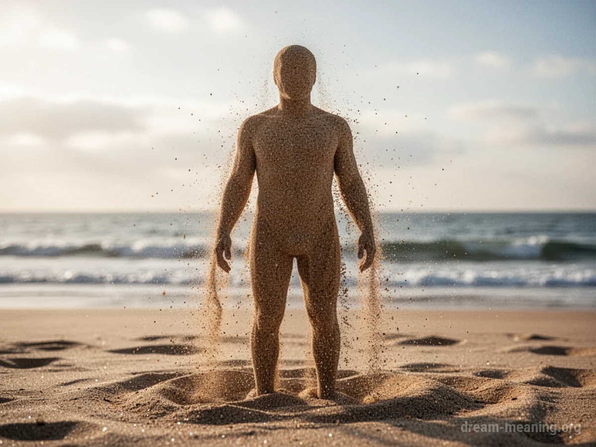 A human figure formed from sand, with individual grains separating and drifting downwards.