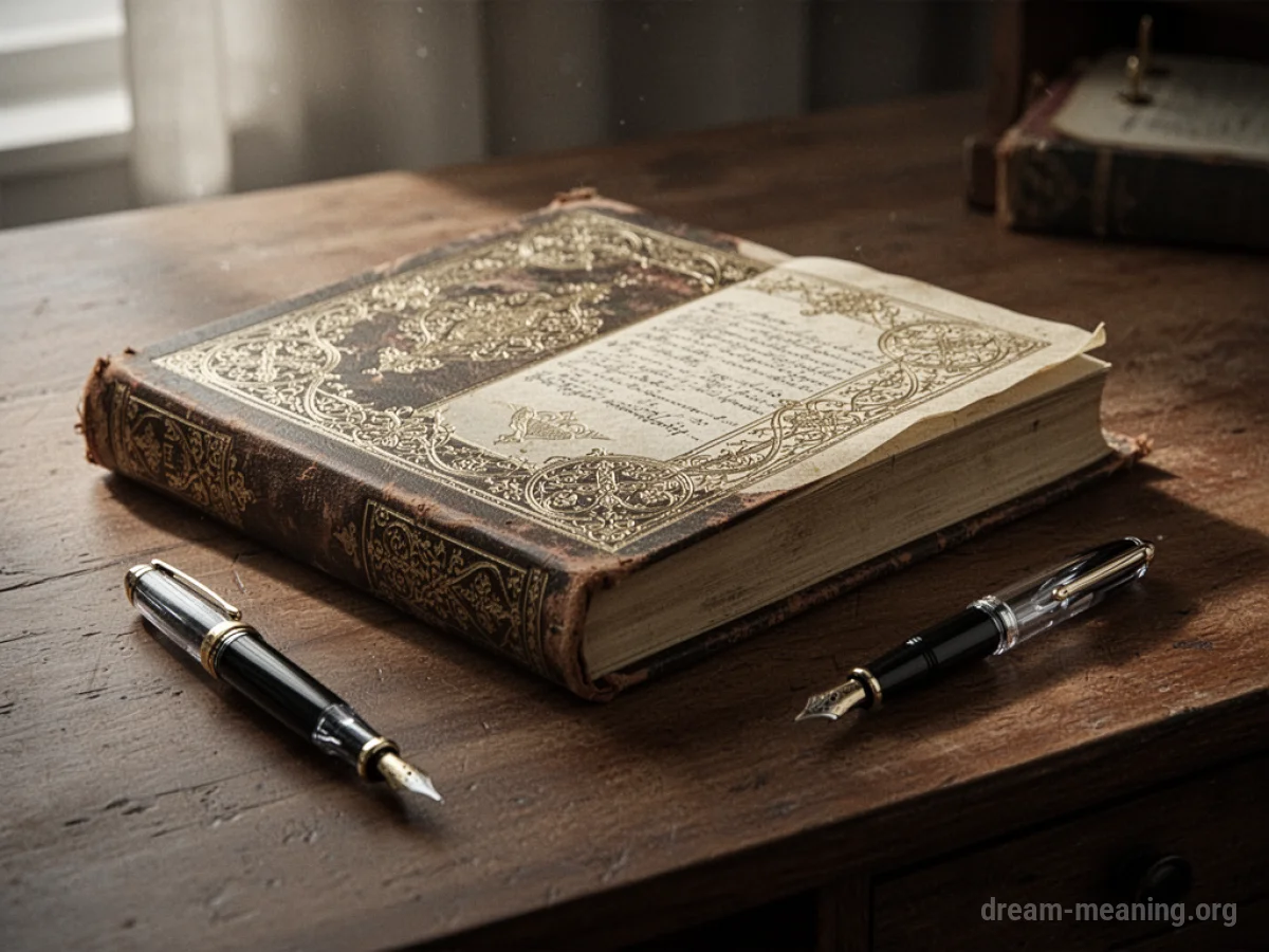 An open book with a fountain pen on a desk.