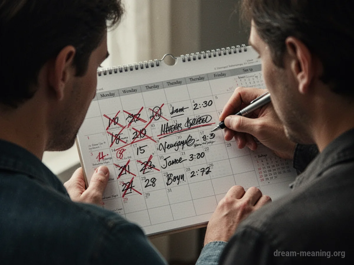 A hand erasing and rewriting times on a wall calendar.