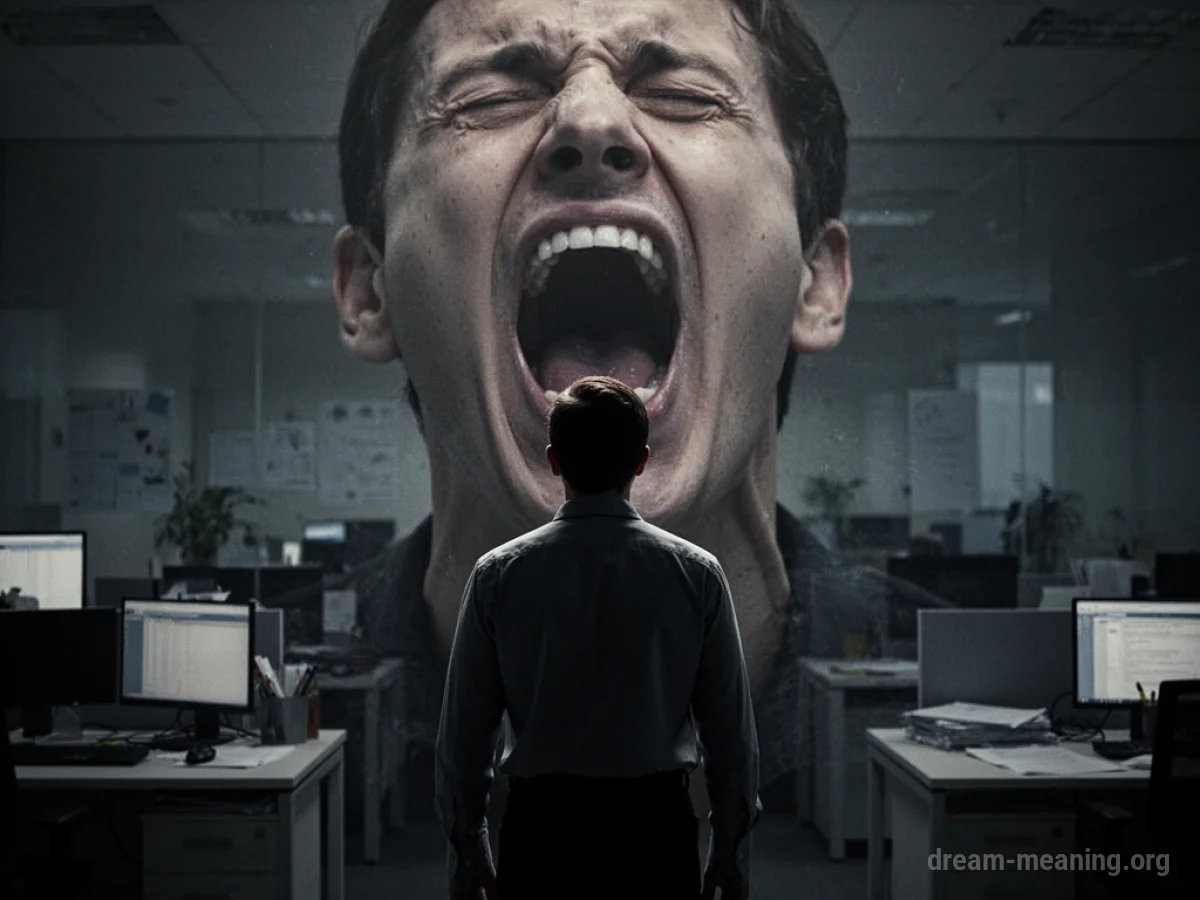 Silhouette of a person facing a large, screaming figure in a dark office.