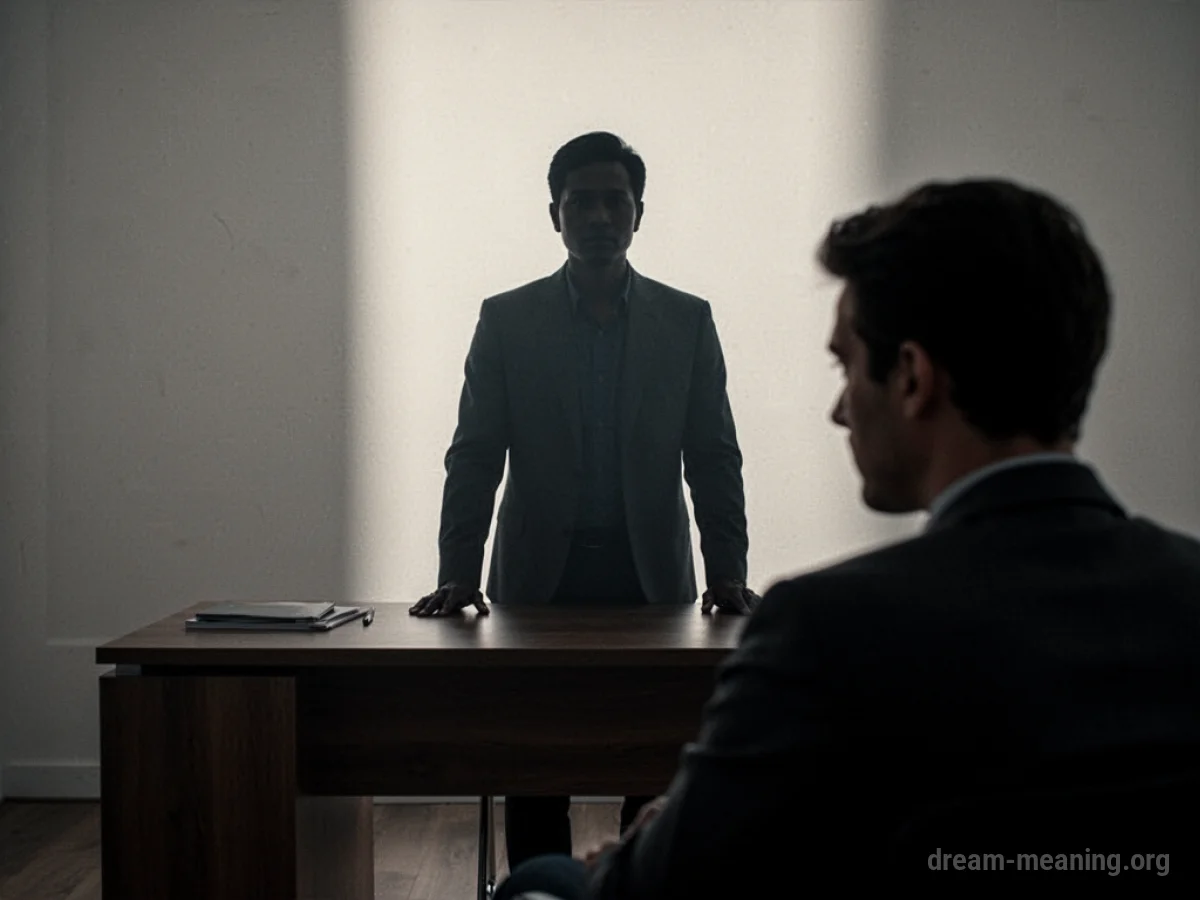 Silhouette of a person behind a desk, another figure in the foreground.