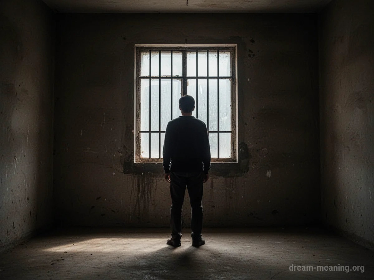 Silhouette of a person in a dark room with a barred window.