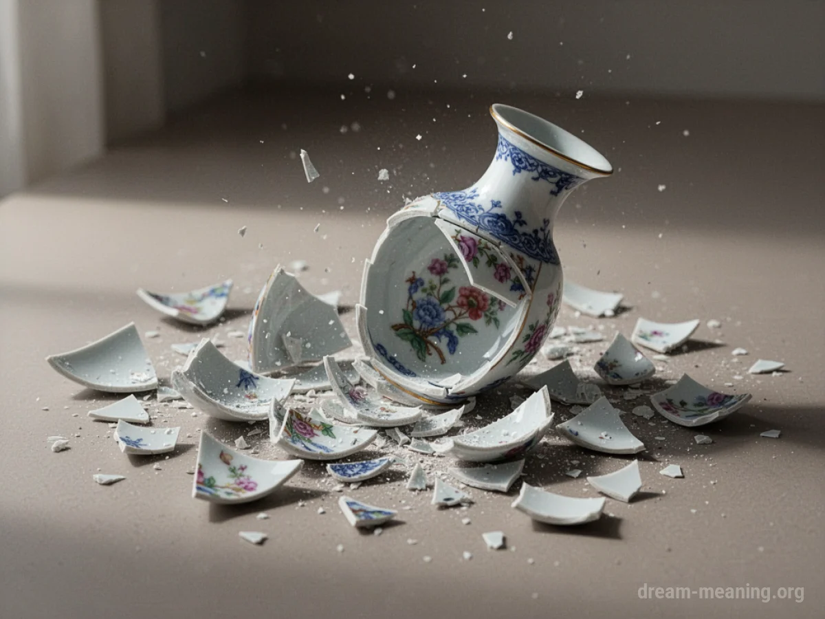 A porcelain vase breaking into many small pieces.
