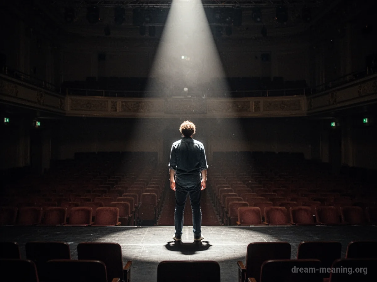 A solitary figure stands on a stage in a spotlight.