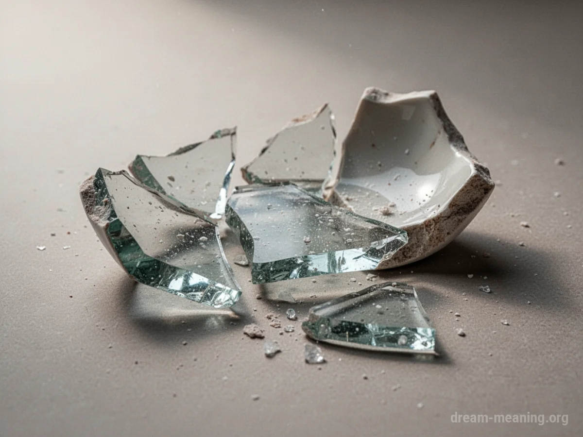 Shattered pieces of a symbolic object on a flat surface.