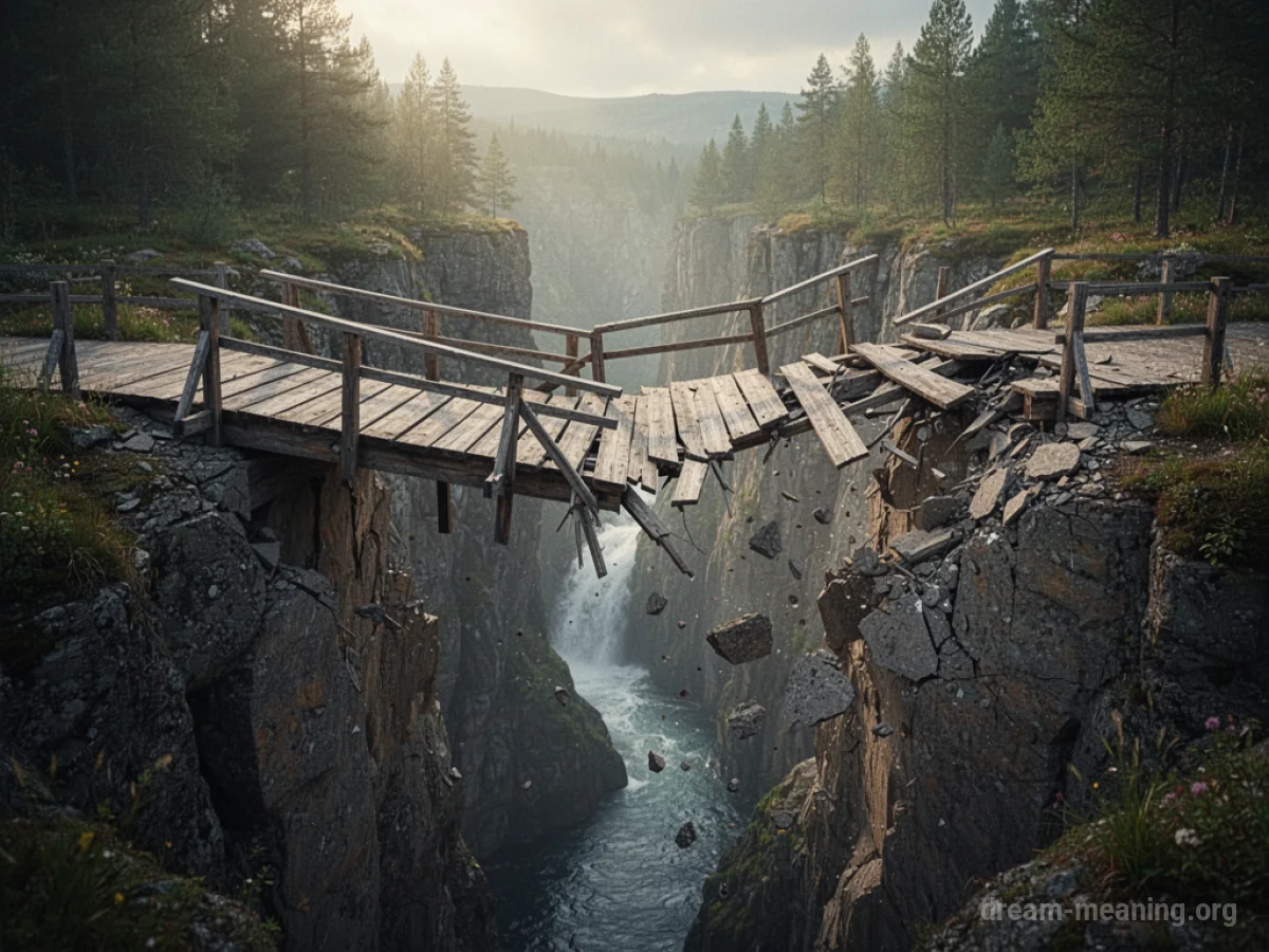 A wooden bridge structure breaking in the middle over a deep gap.