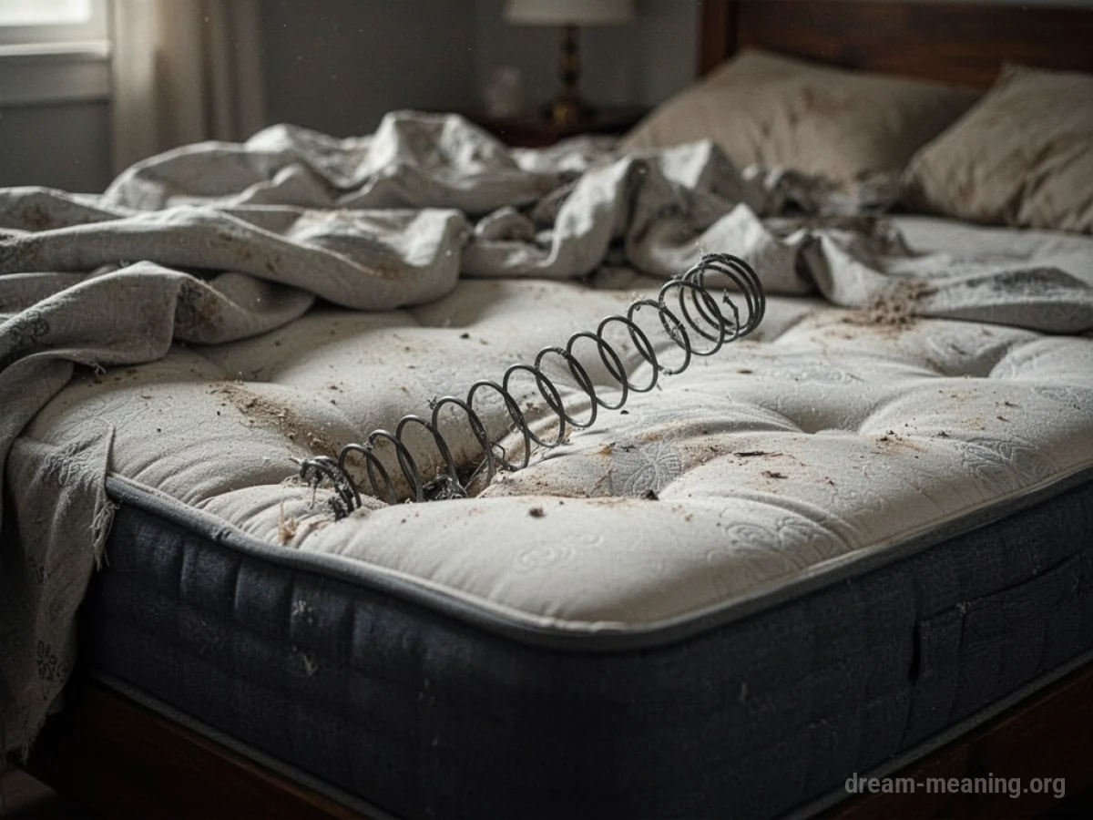 A damaged bed spring sticking out of a mattress.
