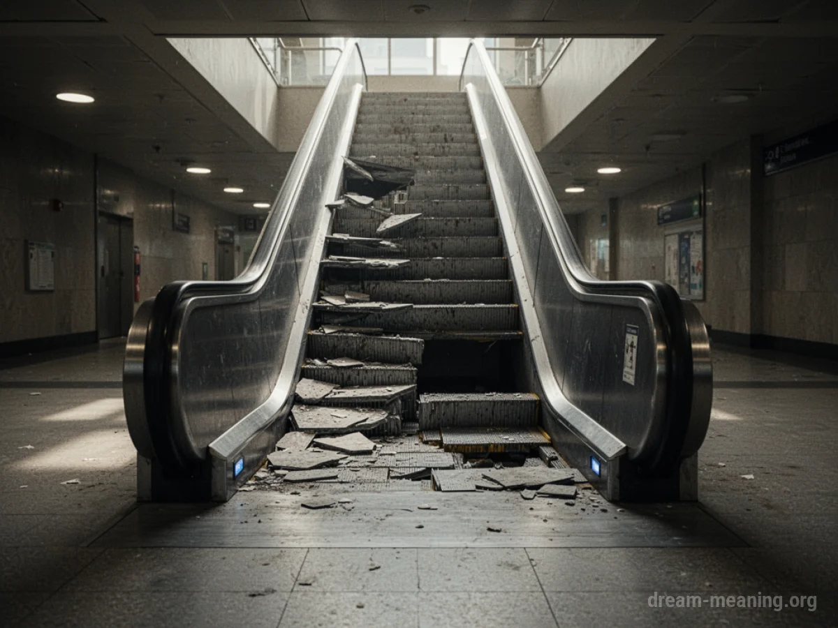 An empty, broken escalator with missing steps.