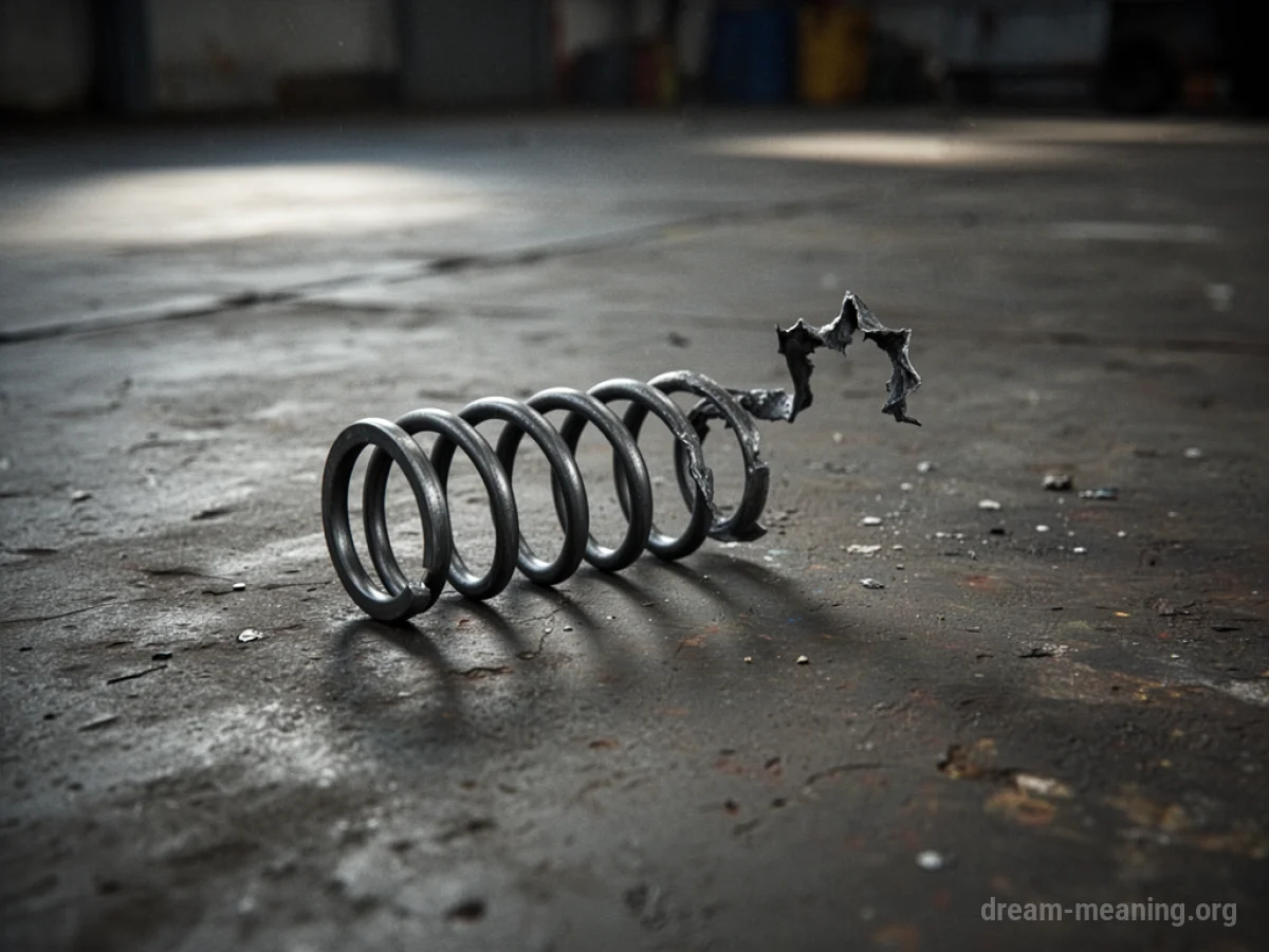 A snapped metal coil spring on a dark surface.