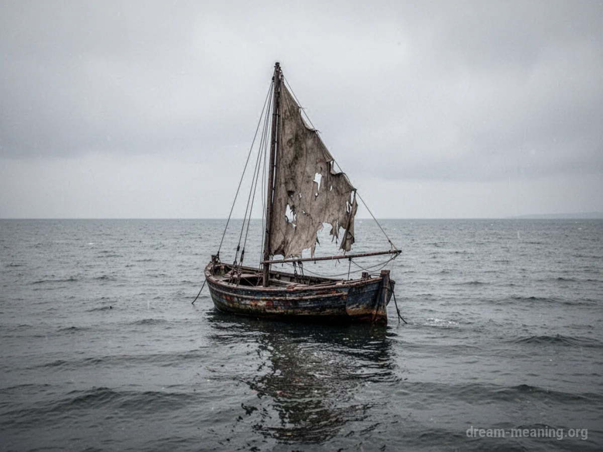 A sailboat with a torn sail floating on a grey sea.