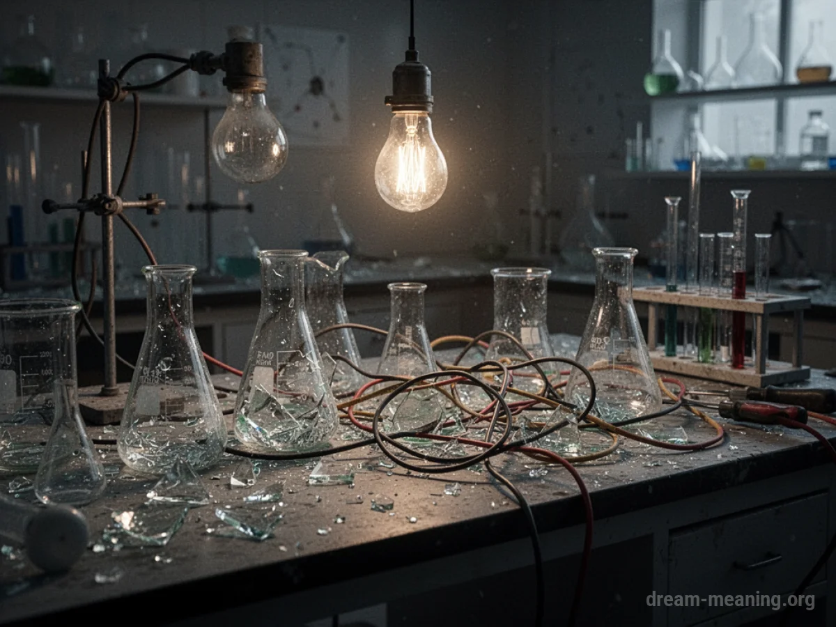 Shattered laboratory equipment on a workbench with tangled wires.