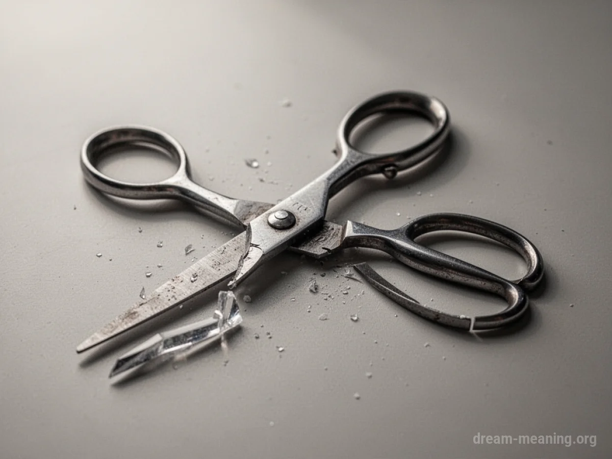 A pair of metal scissors with a visible break in one handle.
