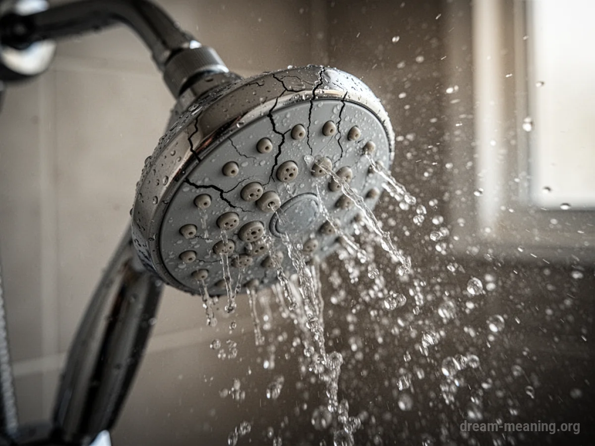 A cracked shower head with water spraying unevenly.