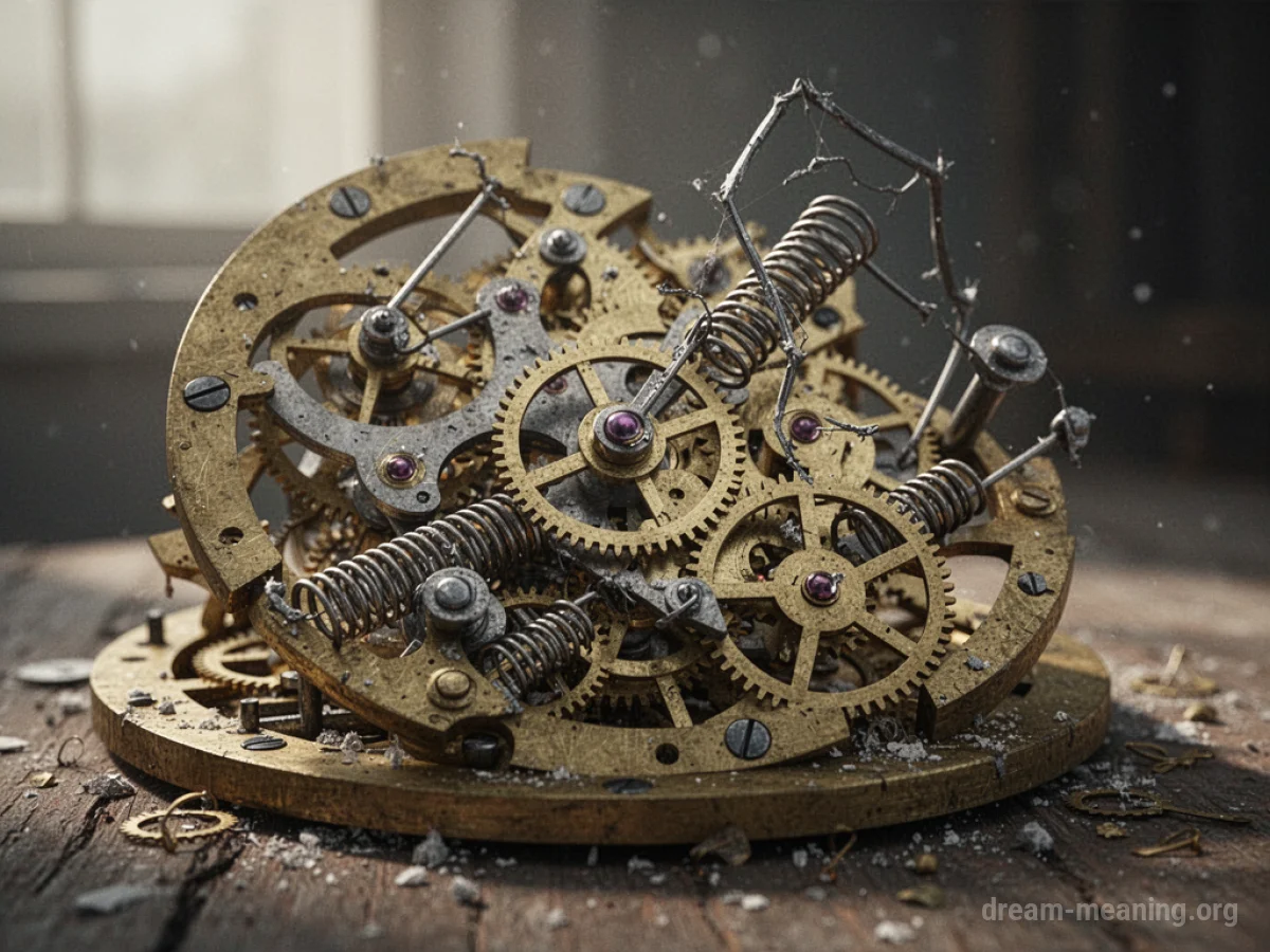 A damaged clockwork mechanism with visible broken parts.