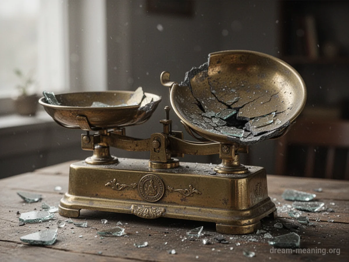 A damaged vintage weighing scale with one pan hanging low.