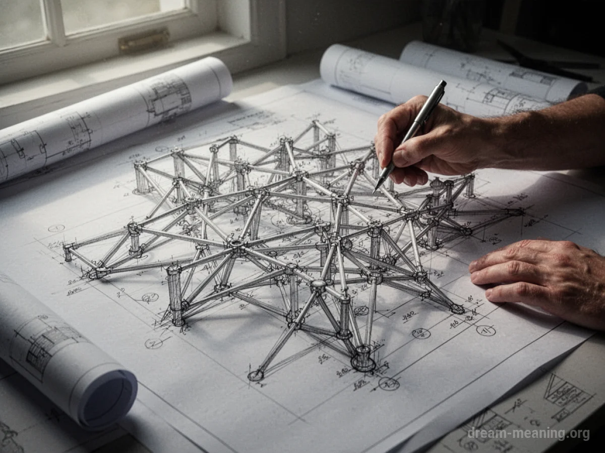 Architectural blueprint with interconnected lines and nodes.