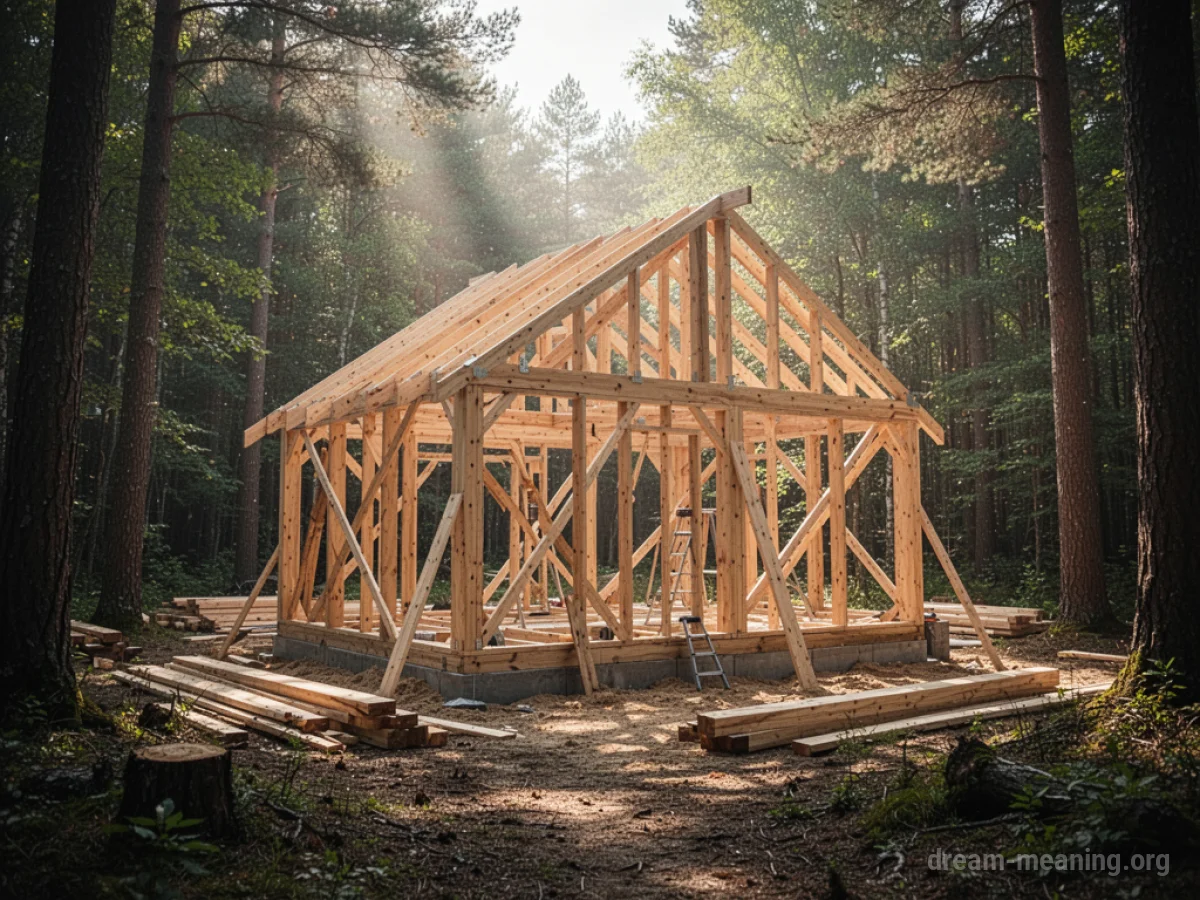 A partially constructed wooden shelter in a sunlit forest.