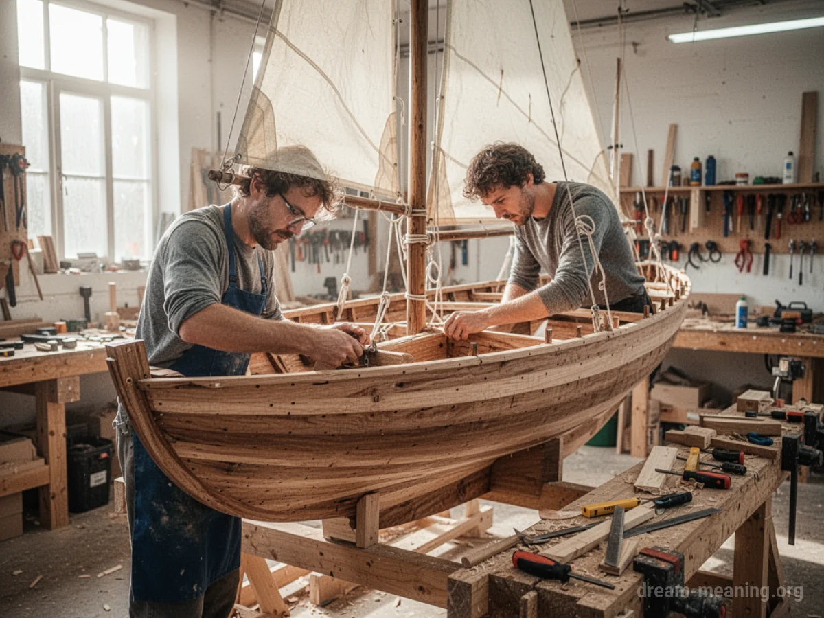 A person working on the wooden frame of a sailboat.