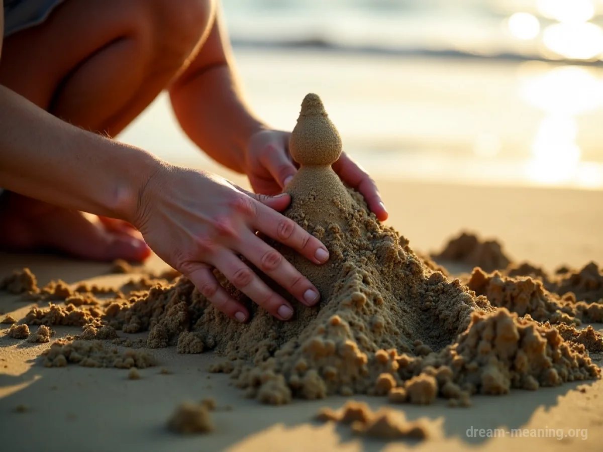 Hands building a sandcastle on a beach.
