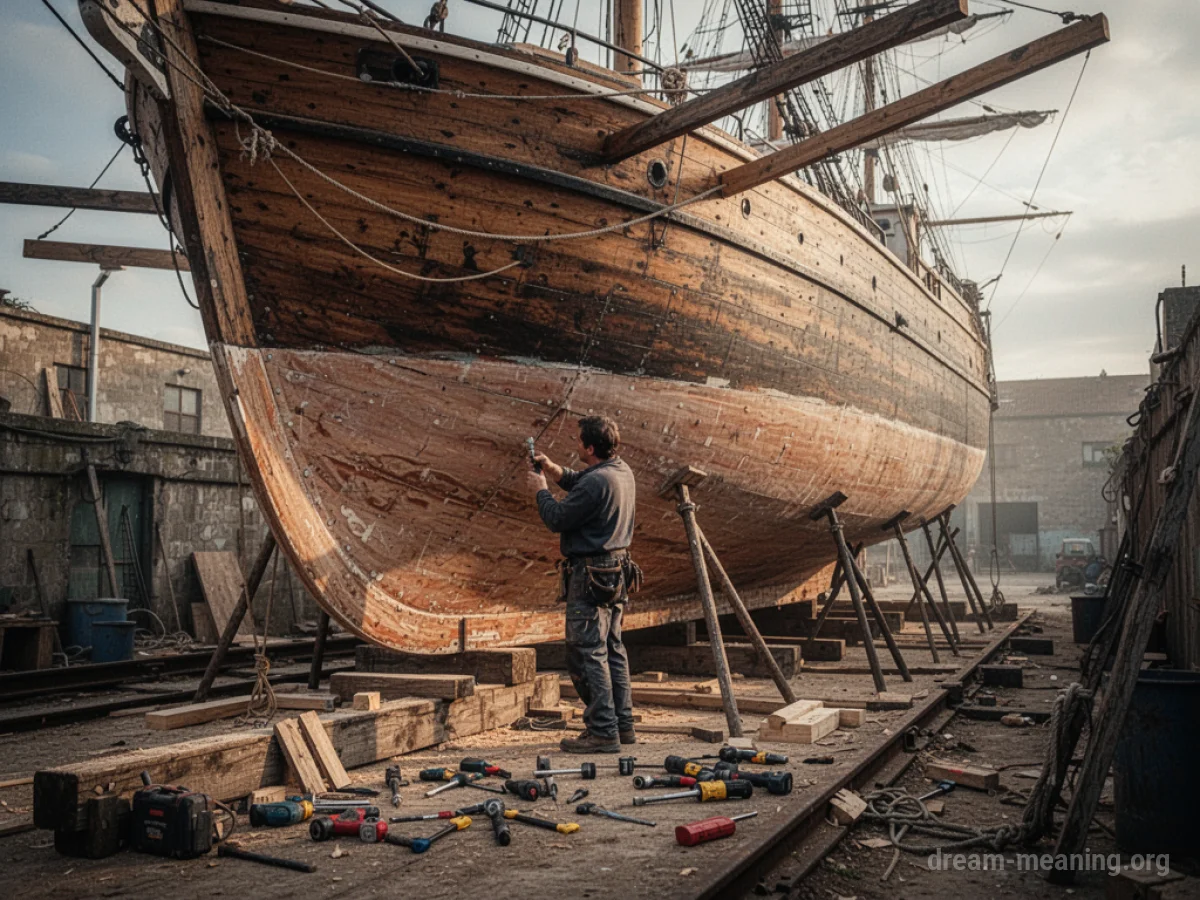 A person diligently working on the construction of a large ship.
