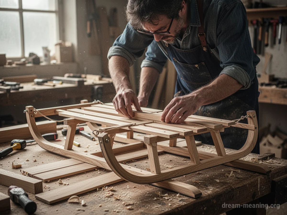 Person assembling a wooden sleigh with tools.