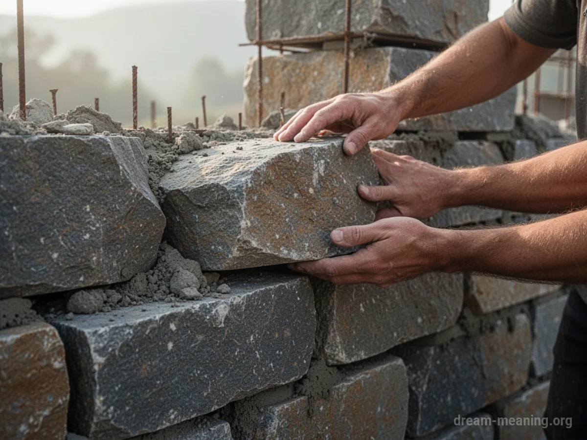 Hands placing a stone onto a growing stone wall.