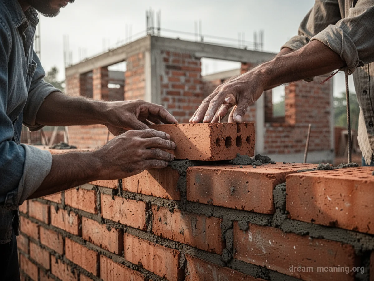 Hands placing a brick on a wall with a structure in progress.
