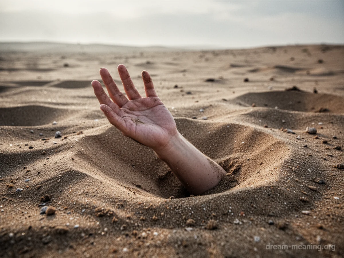 A hand reaching out from a large mound of sand.