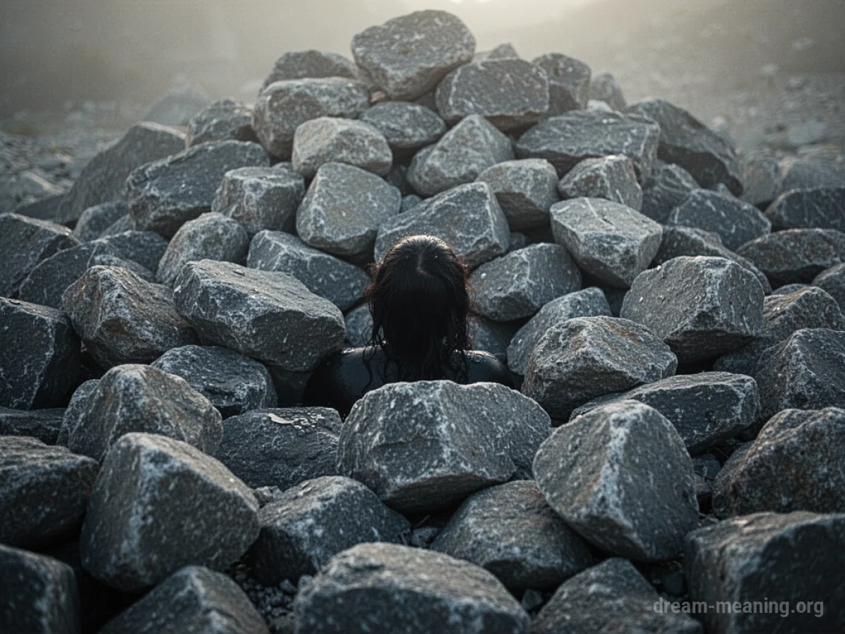 Silhouette of a person partially covered by stones.