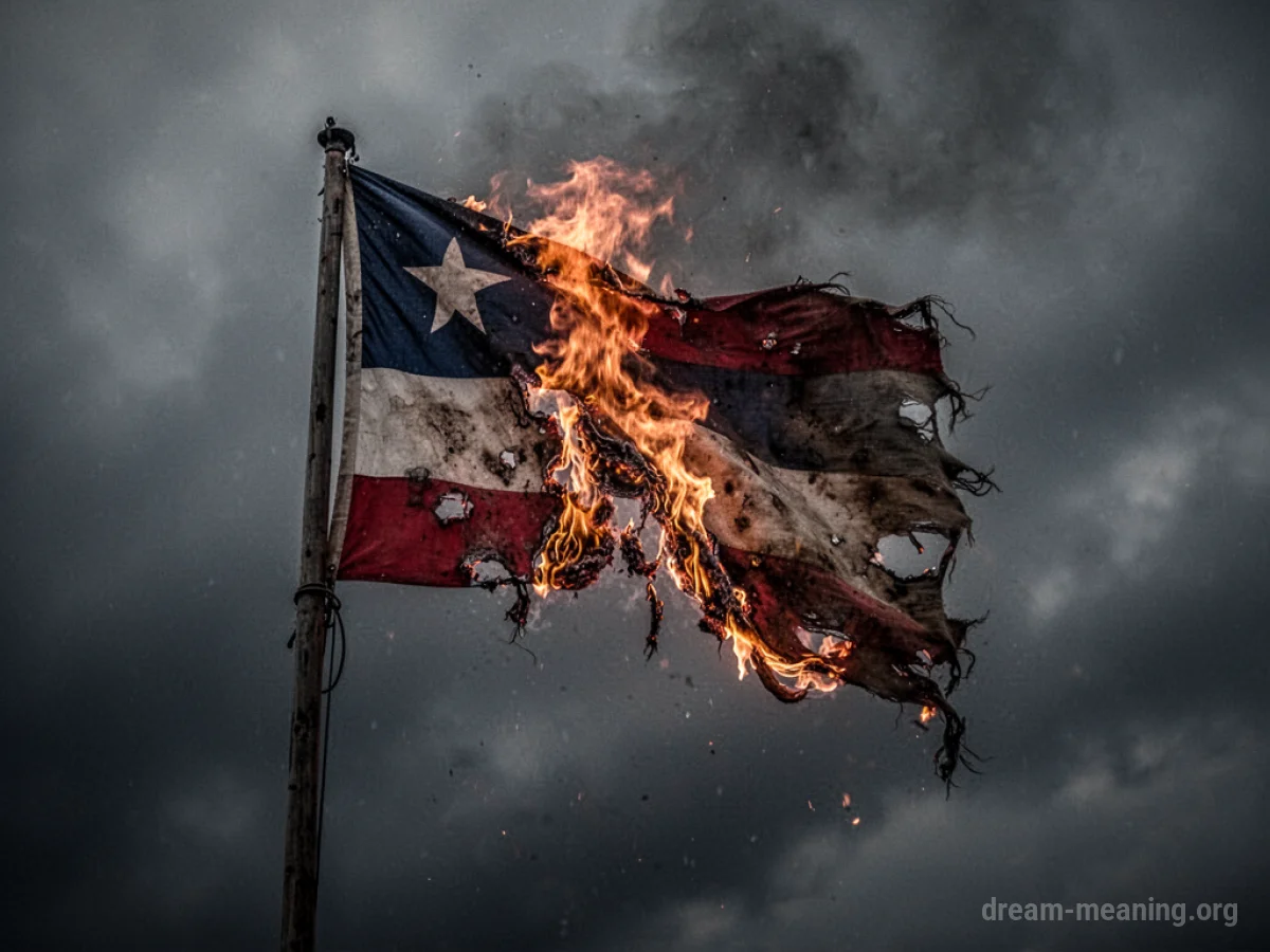 A national flag on a pole with flames consuming it.