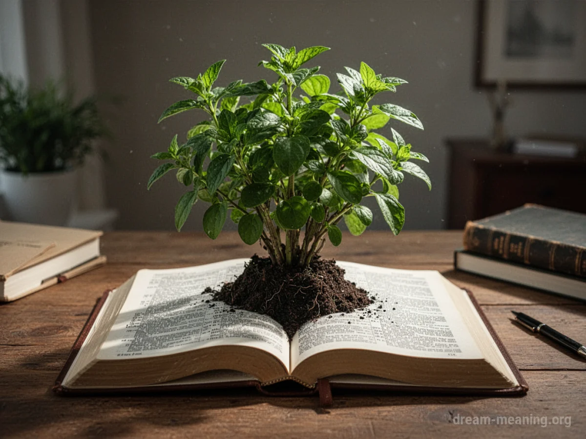 A plant growing from a book on a desk.