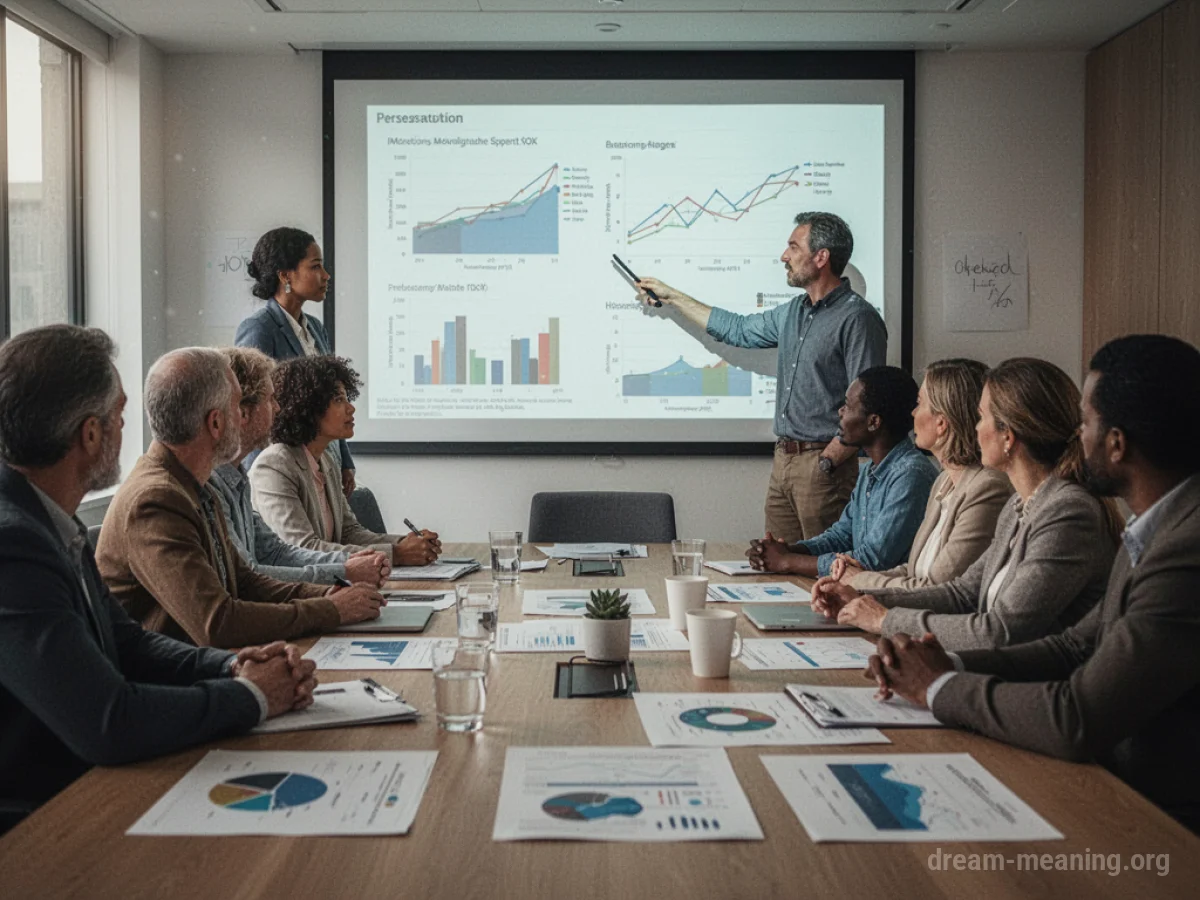 A group of people in a modern office meeting room looking at a presentation screen with charts.