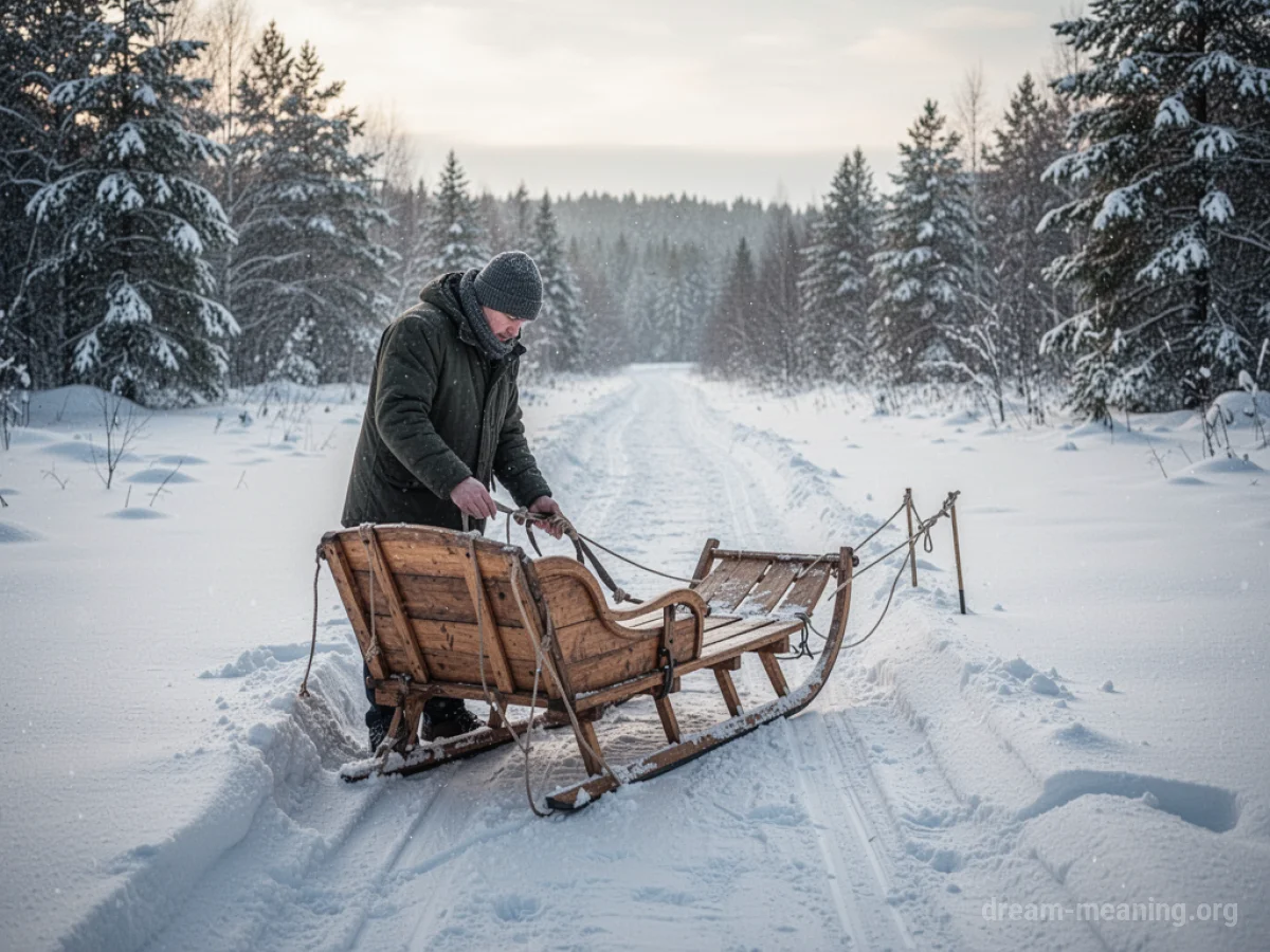 Person looking at a sleigh in the snow.