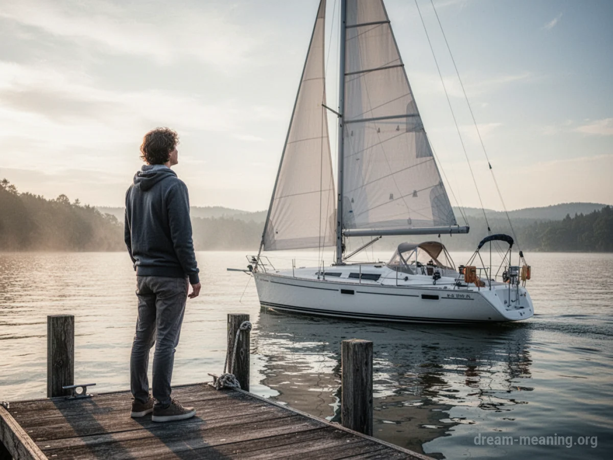A person contemplates a sailboat docked at a pier.