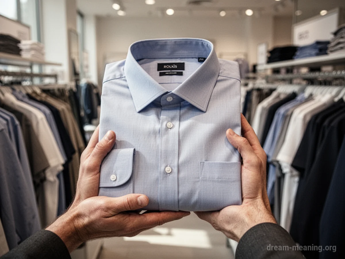 Hands holding a folded shirt in a store.