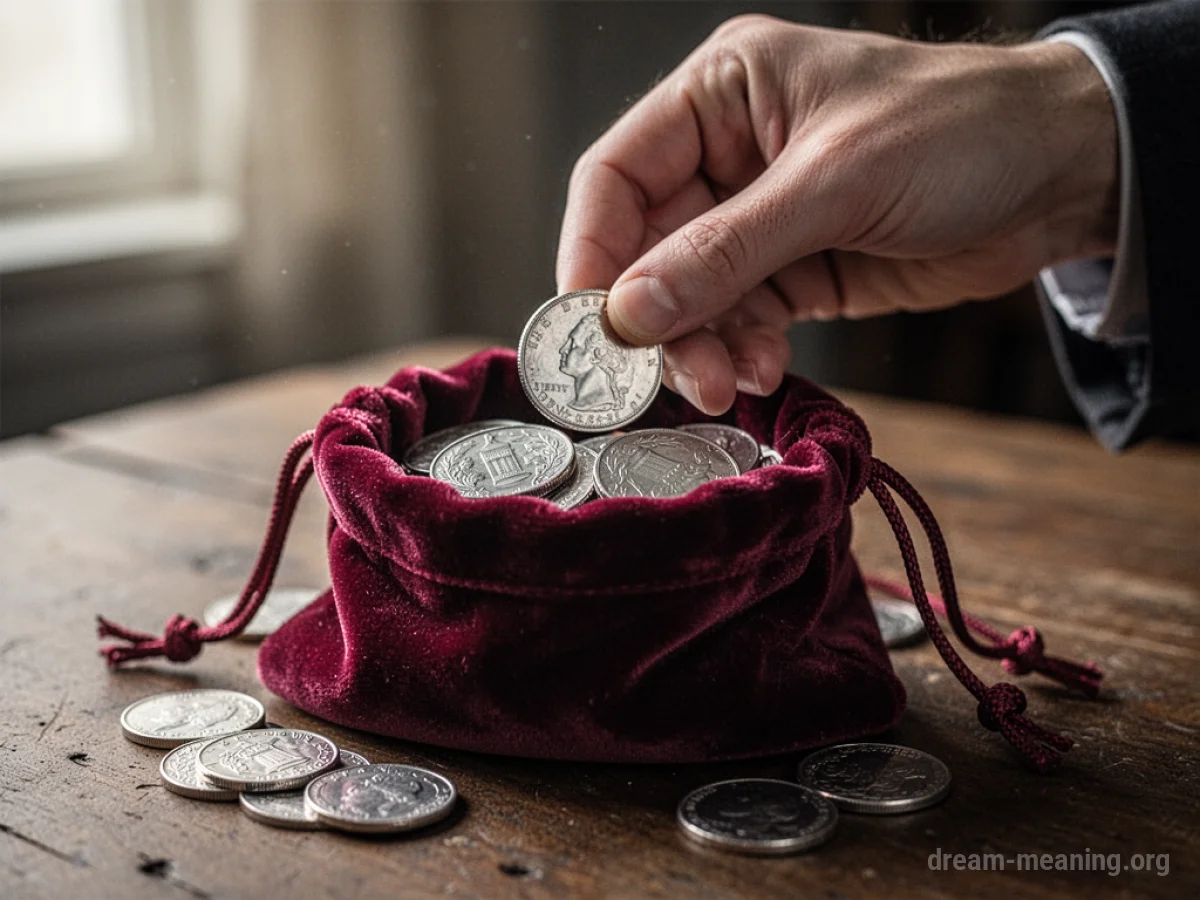 A hand holding several silver coins over a pouch.