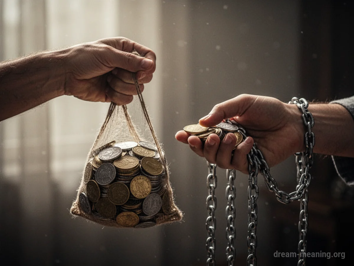 A hand offering coins to another hand holding a chain.