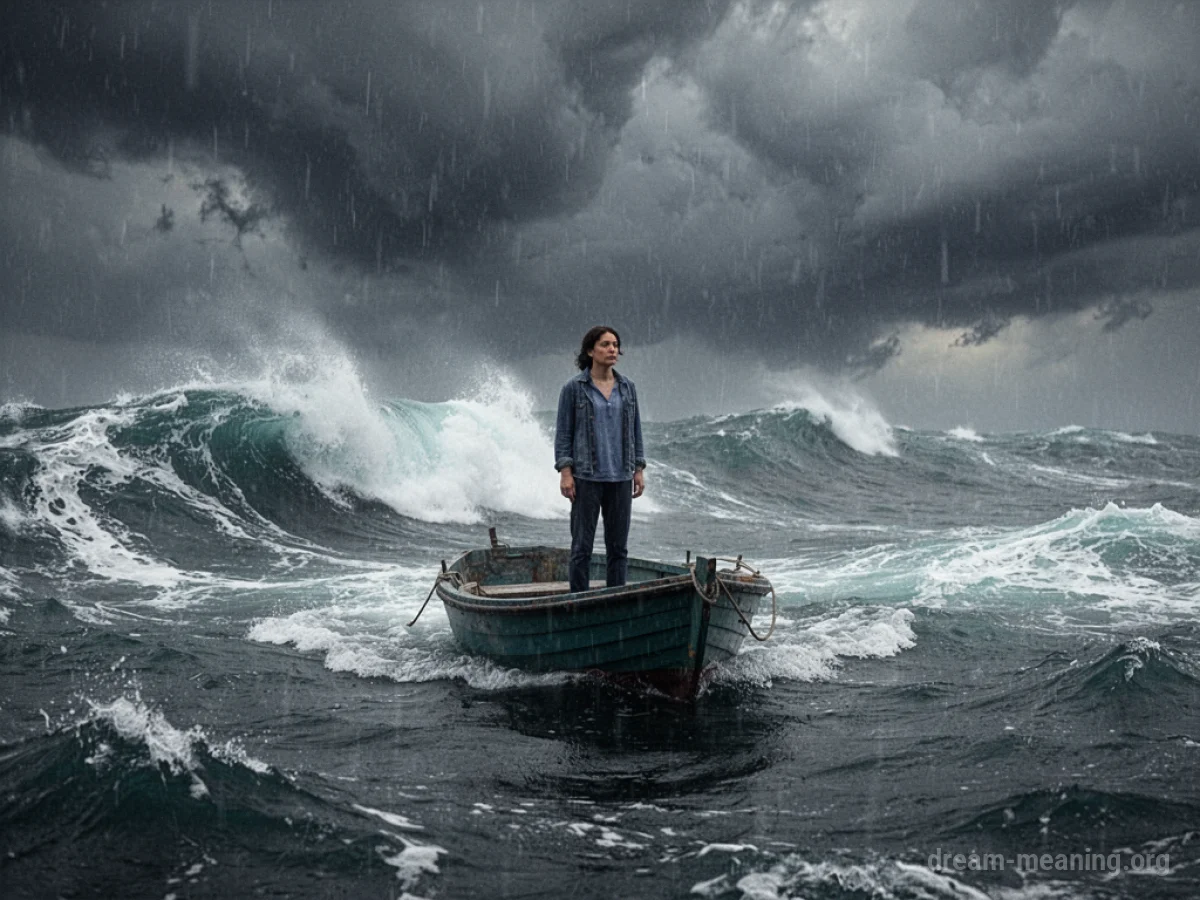 A person stands composed on a small boat amidst a raging storm at sea.