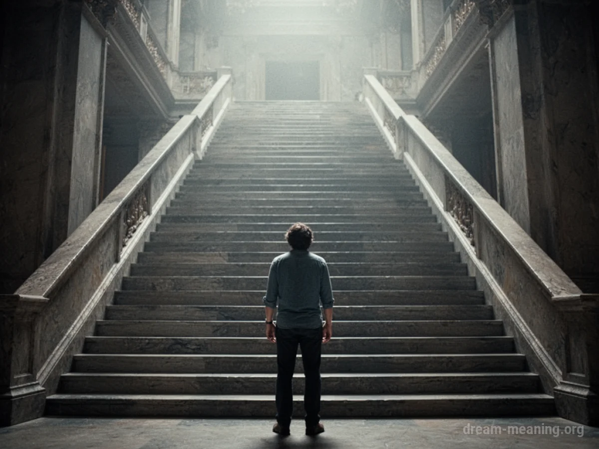A silhouette of a person at the base of a towering staircase.