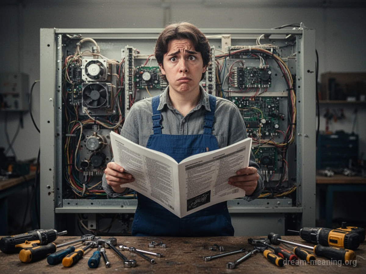 A person confused by a complex machine with a manual.