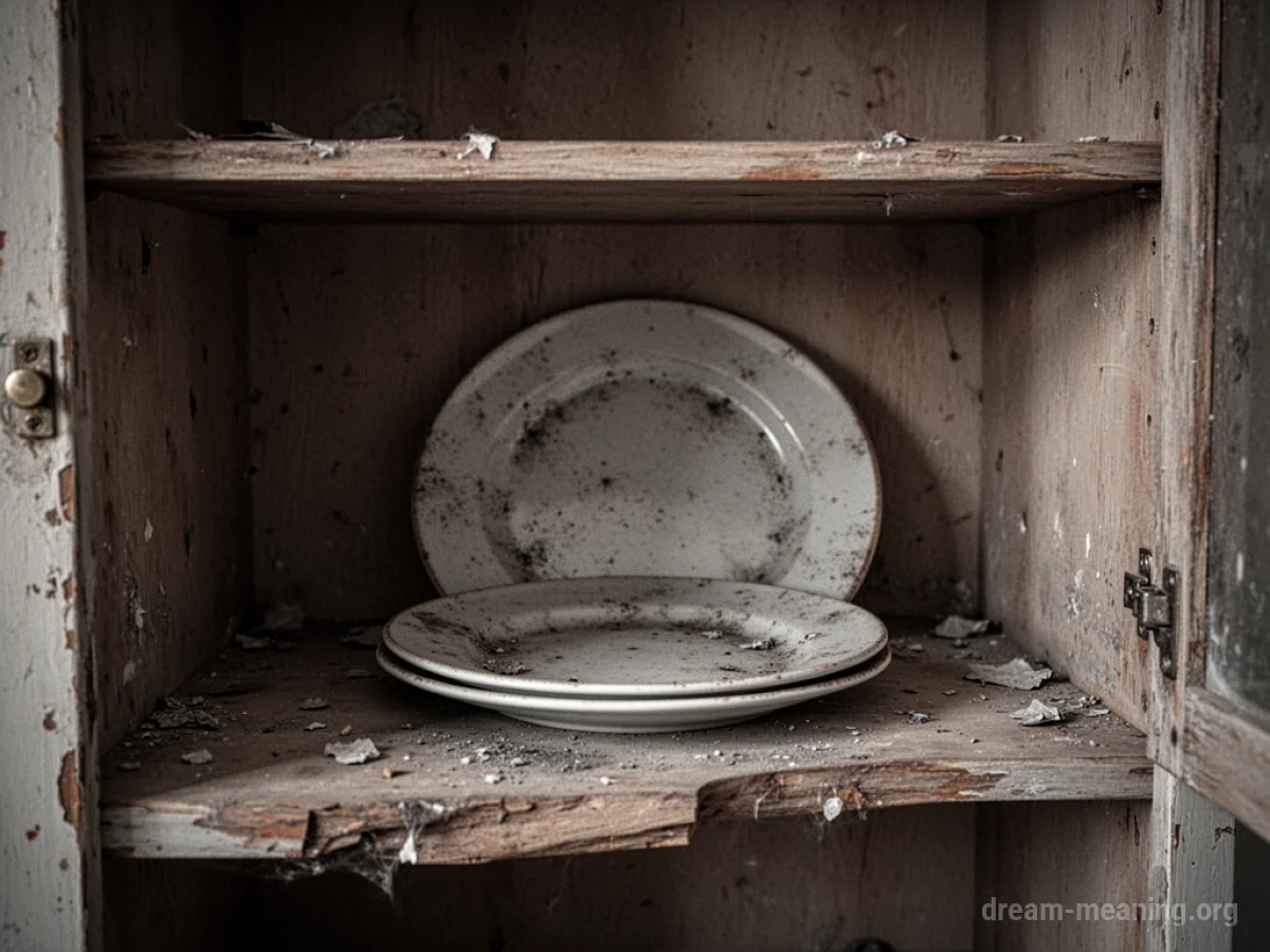 An empty cupboard with a single plate.