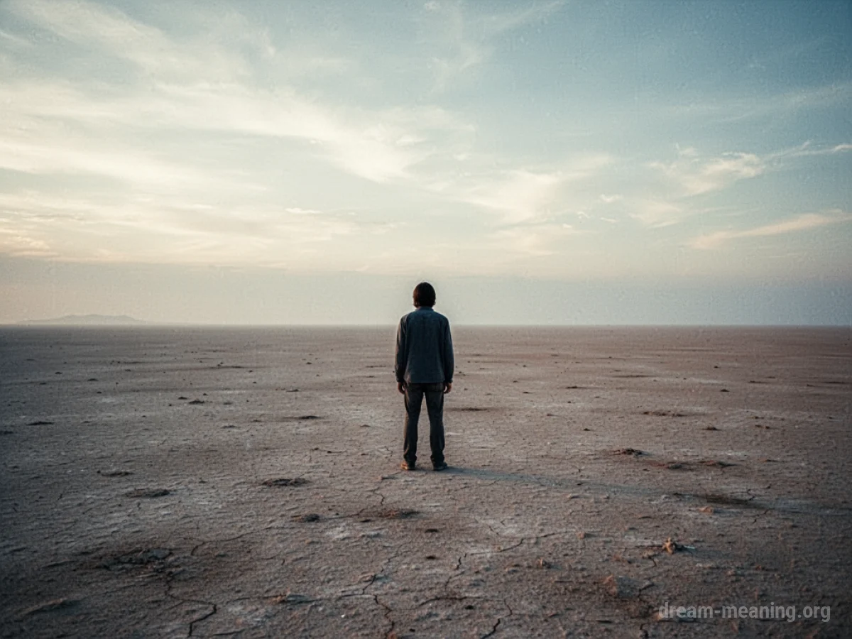 A solitary person in a barren, open landscape.