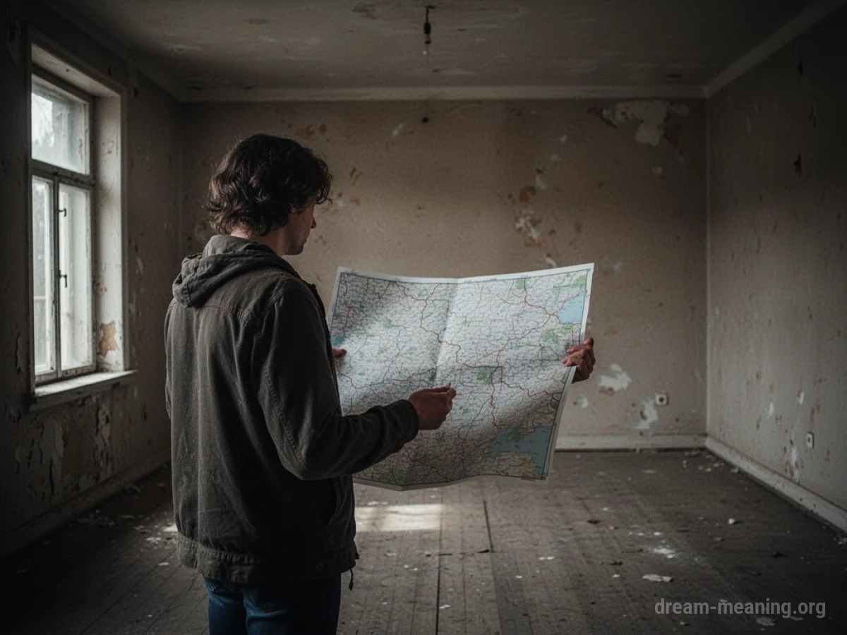 Person holds a blank map in an empty, dimly lit room.