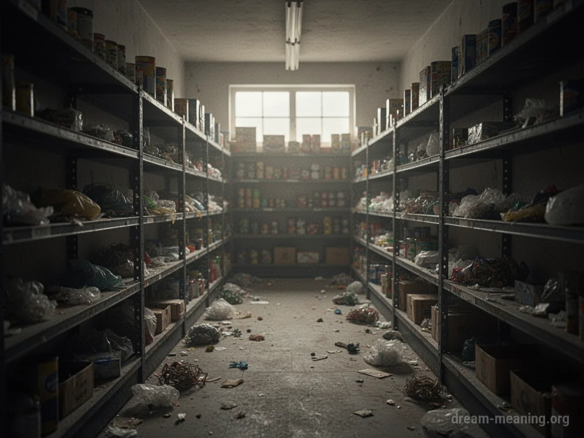 An empty aisle in a dimly lit shop with a few items scattered on shelves.