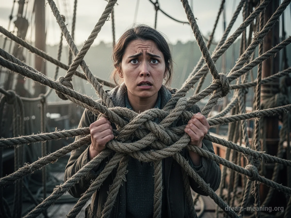 A person facing a large, tangled knot of ropes.