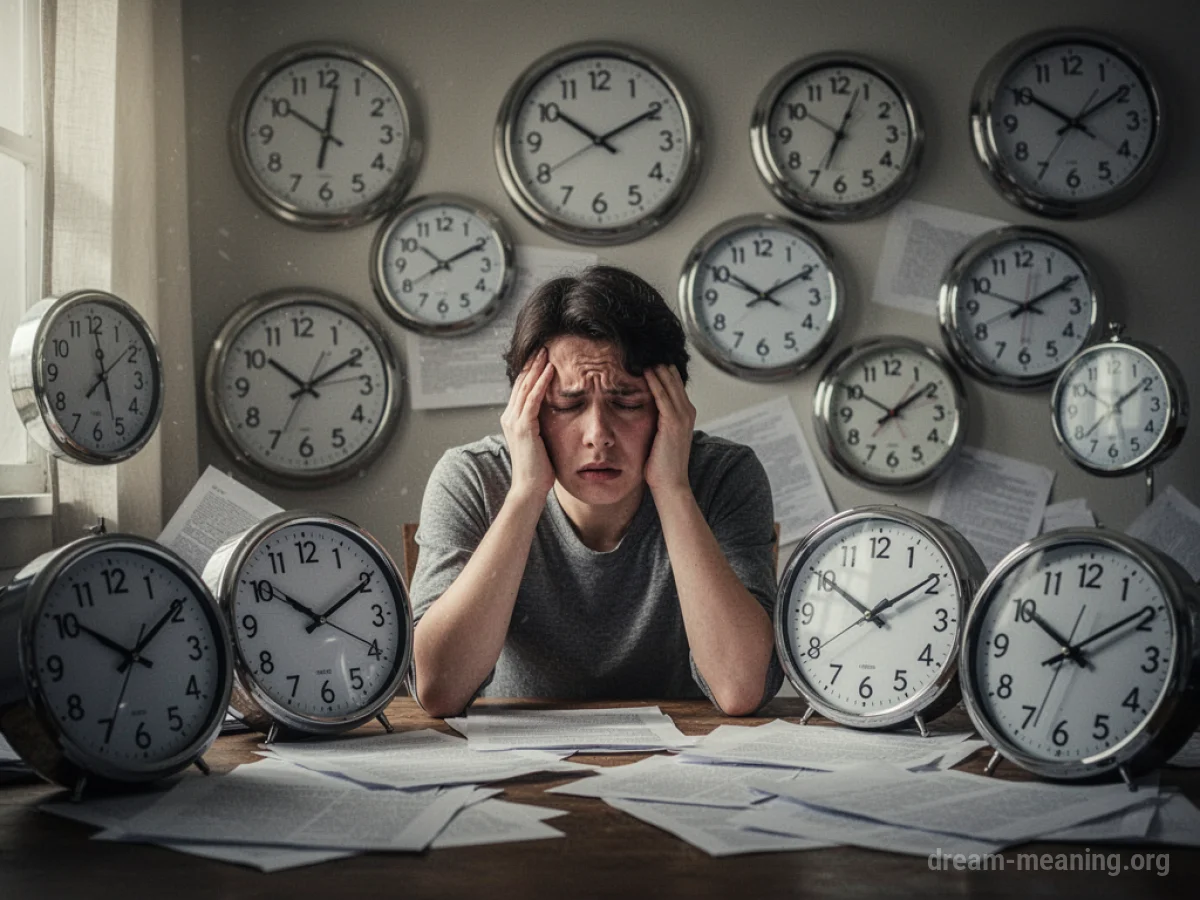 A person overwhelmed by many clocks and scattered papers.